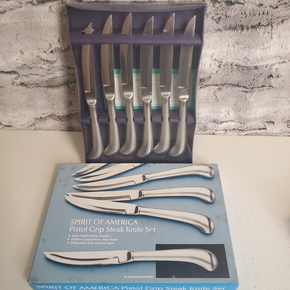 NOS Washington Forge Stainless 6 Steak Knife Set Pistol Grip SPIRIT OF AMERICA